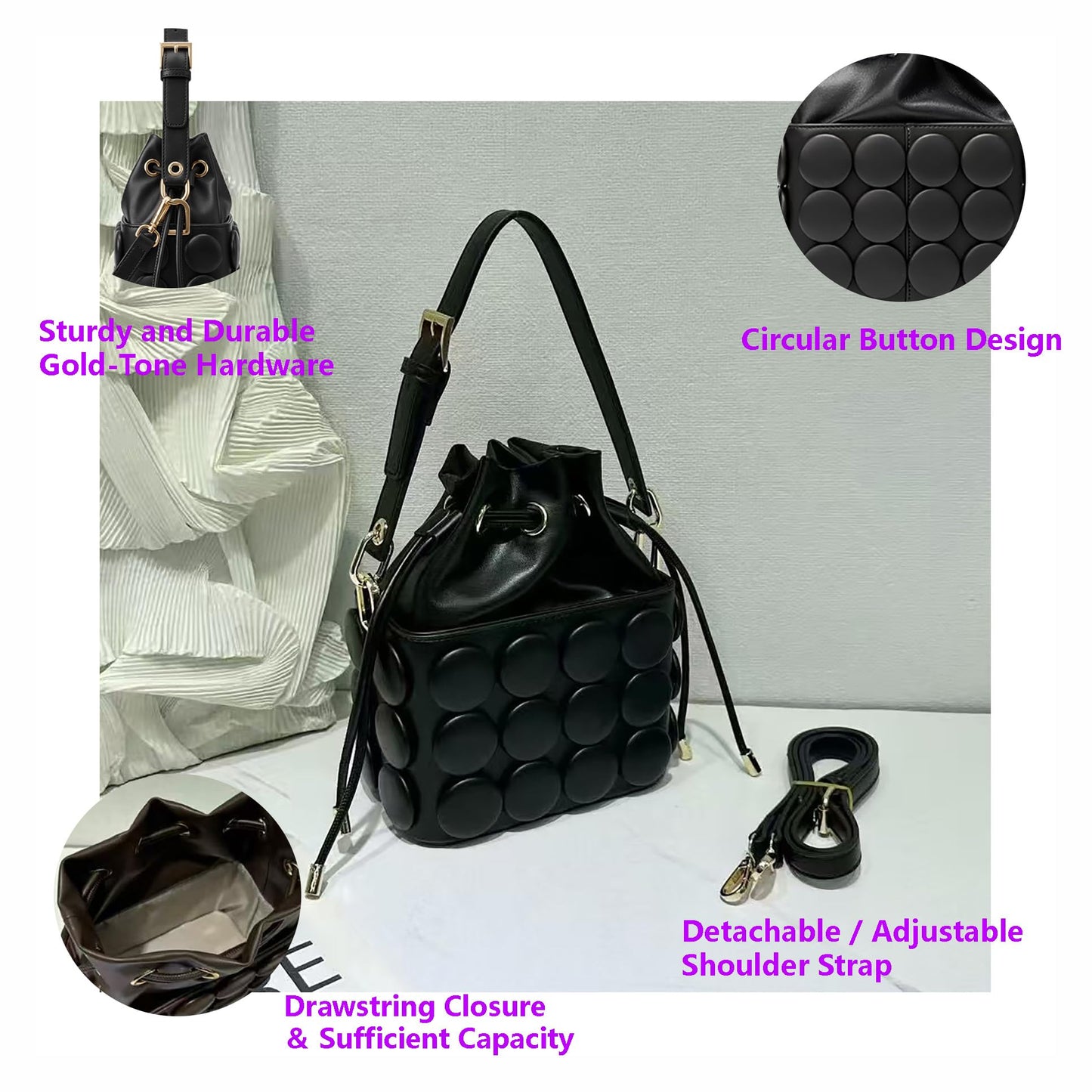 ZGRJSZDD Women's PU Leather Drawstring Top Handle Bucket Bag Purse with Solid Dot Patterns, Crossbody Shoulder Handbag, 9086 Black