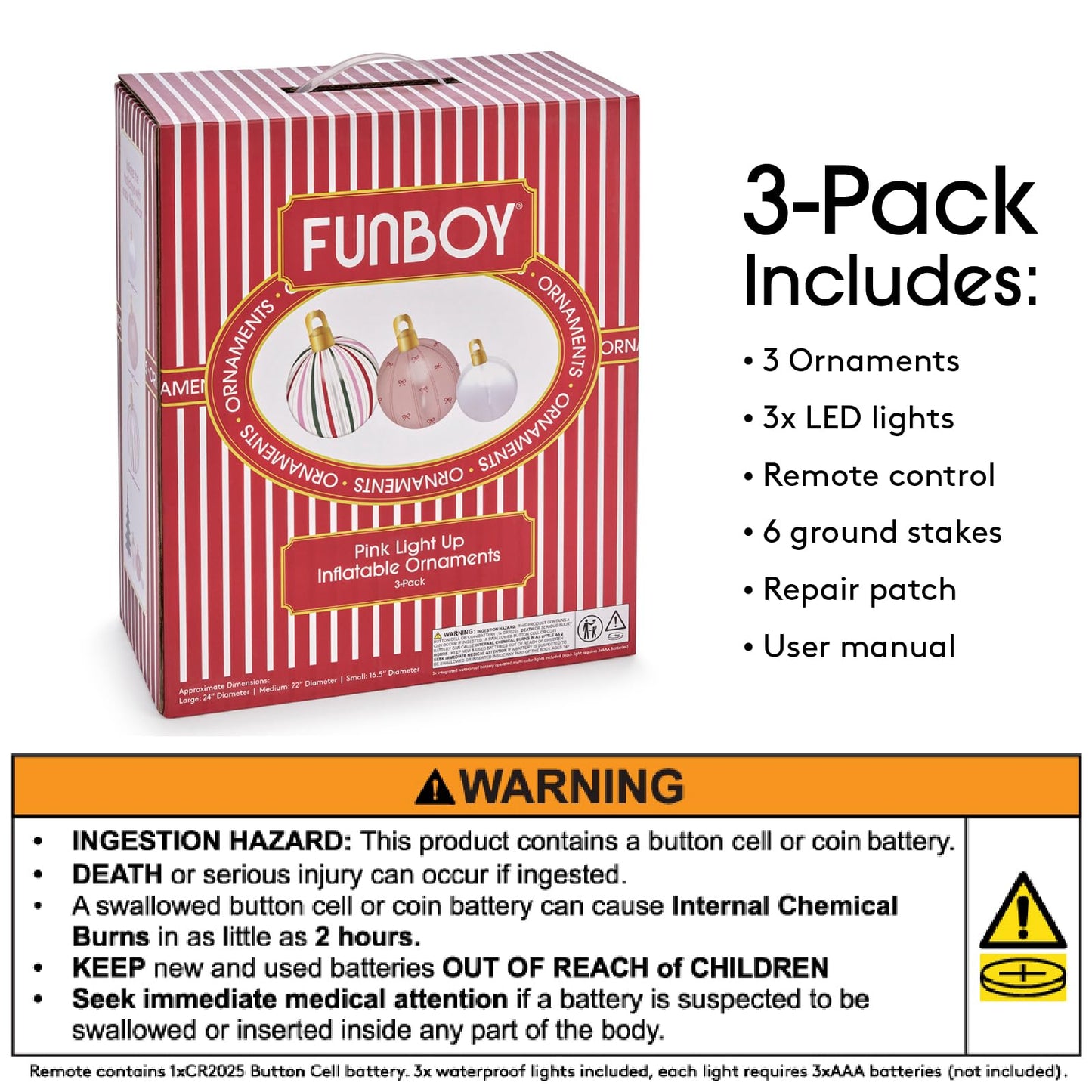FUNBOY Giant Inflatable Light-Up Classic Pink Christmas Ornaments, 3 Giant Sizes 24'', 22'' and 16.5'' Indoor/Outdoor (3 Pack)
