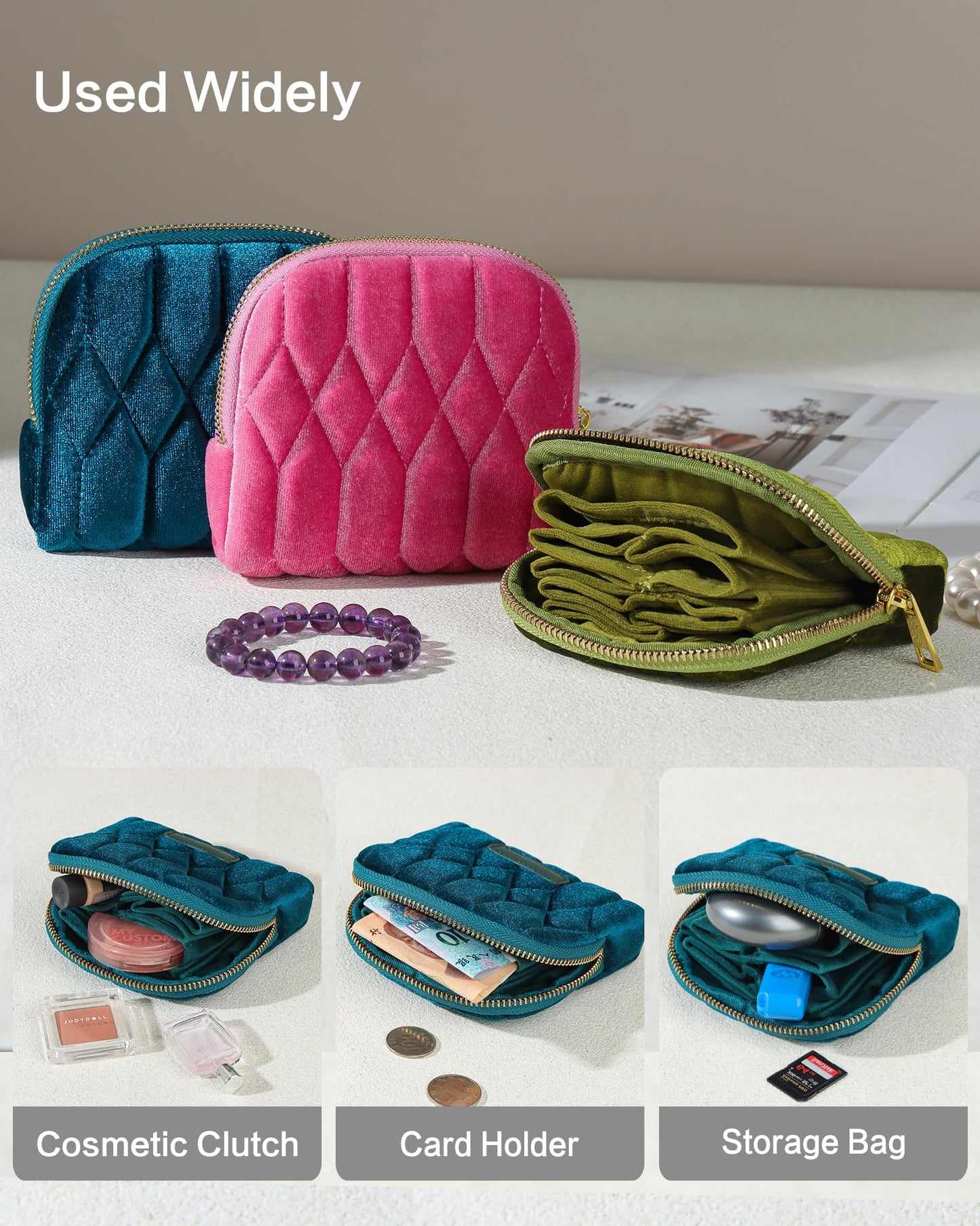 Vidifina Travel Jewelry Case,Mini Travel Jewelry Bag with Zipper,5-Layer Velvet Organizer Pouch for Bracelet Rings Earrings - Diamond Stitched Velvet Teal Blue