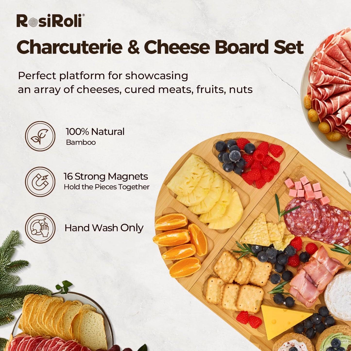 RosiRoli Charcuterie Board and Serving Set -Natural Bamboo Cheese Board Snack Tray Set with Magnetic - House Warming Gifts New Home, Wedding Gift, Bridal Shower Gift, Gifts for Mom & Women