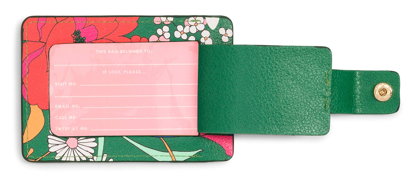 Ban.do Getaway Suitcase Tag for Travel, Green Floral Durable Vegan Leather Luggage Identifier, Superbloom