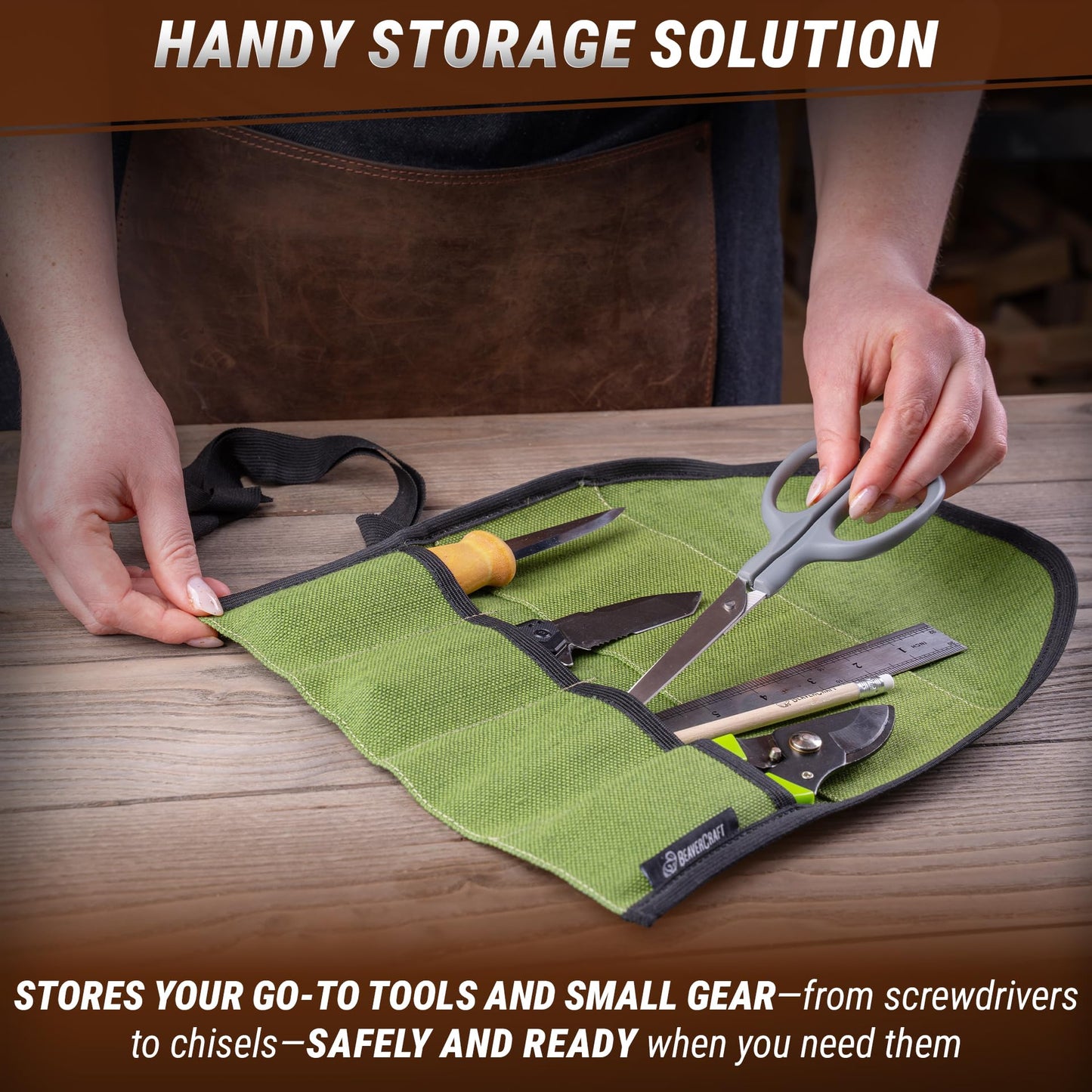 BeaverCraft TR4 Rolling Small Tool up Organizer Bag 4 Pockets Wrench roll up Pouch Gear roll up Tool Pouch for Knives and chisels Storage with 4 Slots
