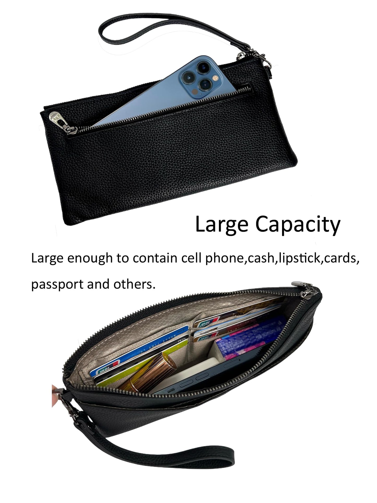 EChoSYDBel Genuine Leather Wristlet Clutch RFID Blocking Handbag Cell Phone Purse Wristlet Zipper Wallet Purses and Bags for Women Men (Black)