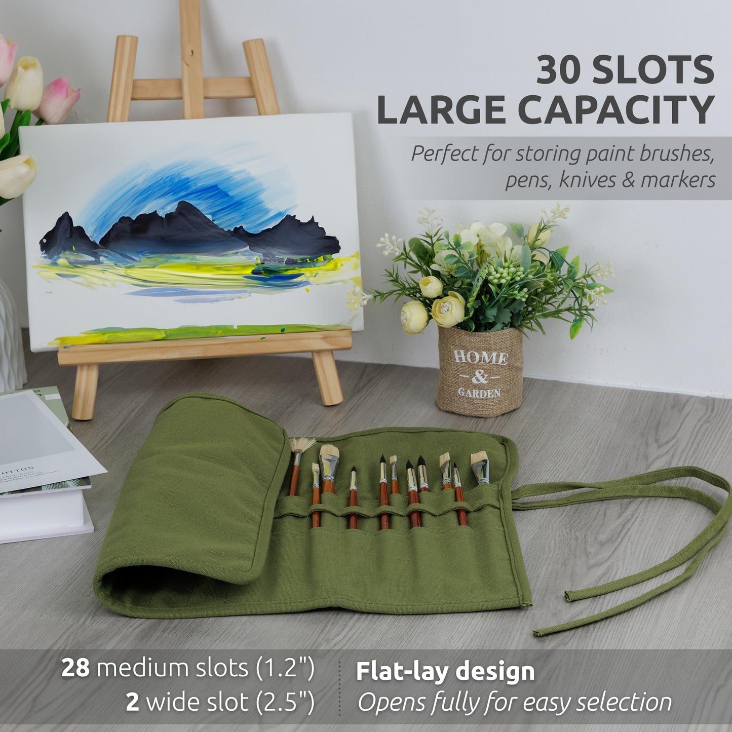 DUGATO 30-Slot Roll-Up Paint Brush Holder, Premium Canvas Brush Organizer for Artists, Washable Travel Brush Case for Watercolor, Acrylic, Pens & Art Supplies (Army Green) - Brushes not Included