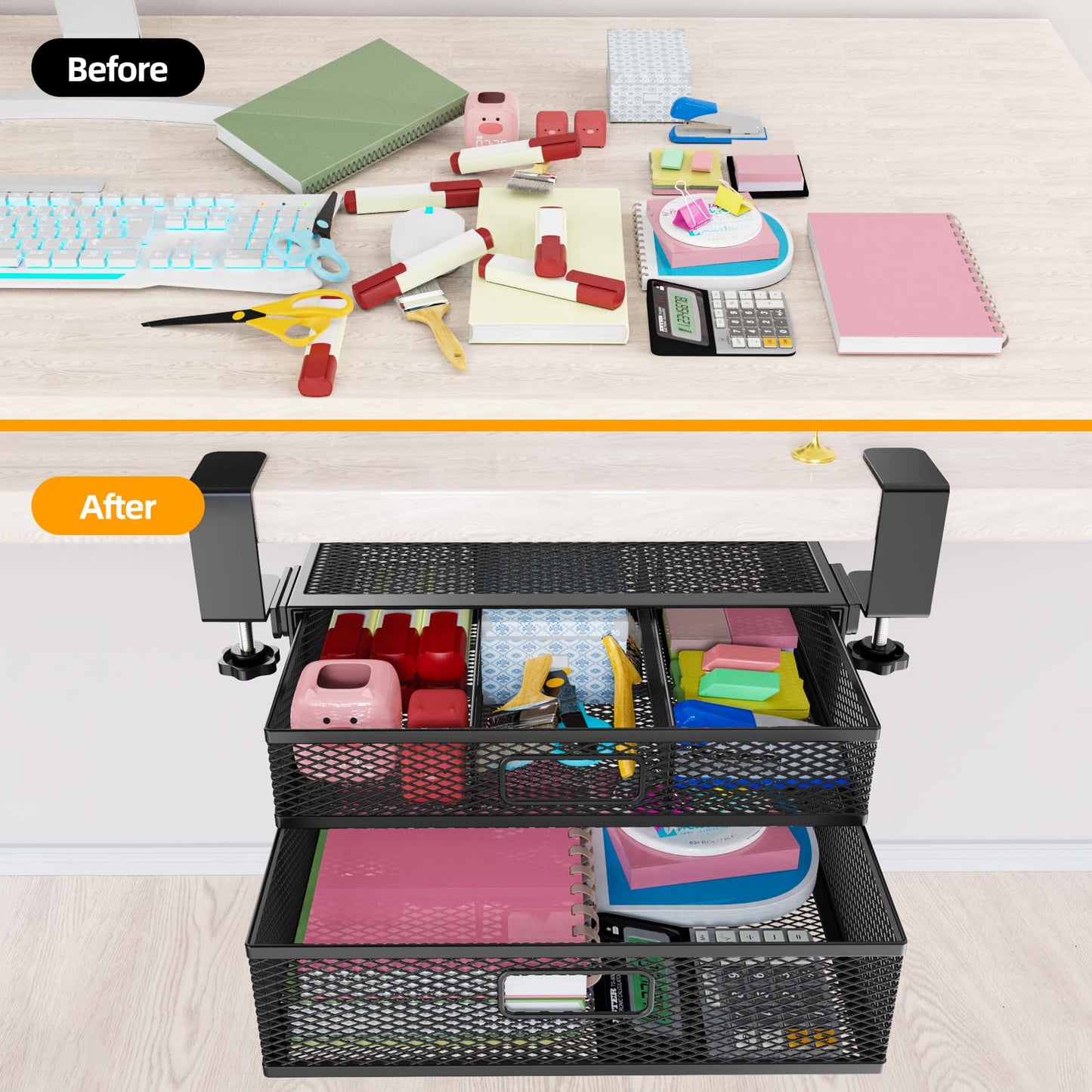 SRJZMLY Under Desk Drawer Organizer No Drill Metal Under Desk Storage Drawer Container 2 Slide Out Cabinet Drawer Suitable for Home And Office (Medium)
