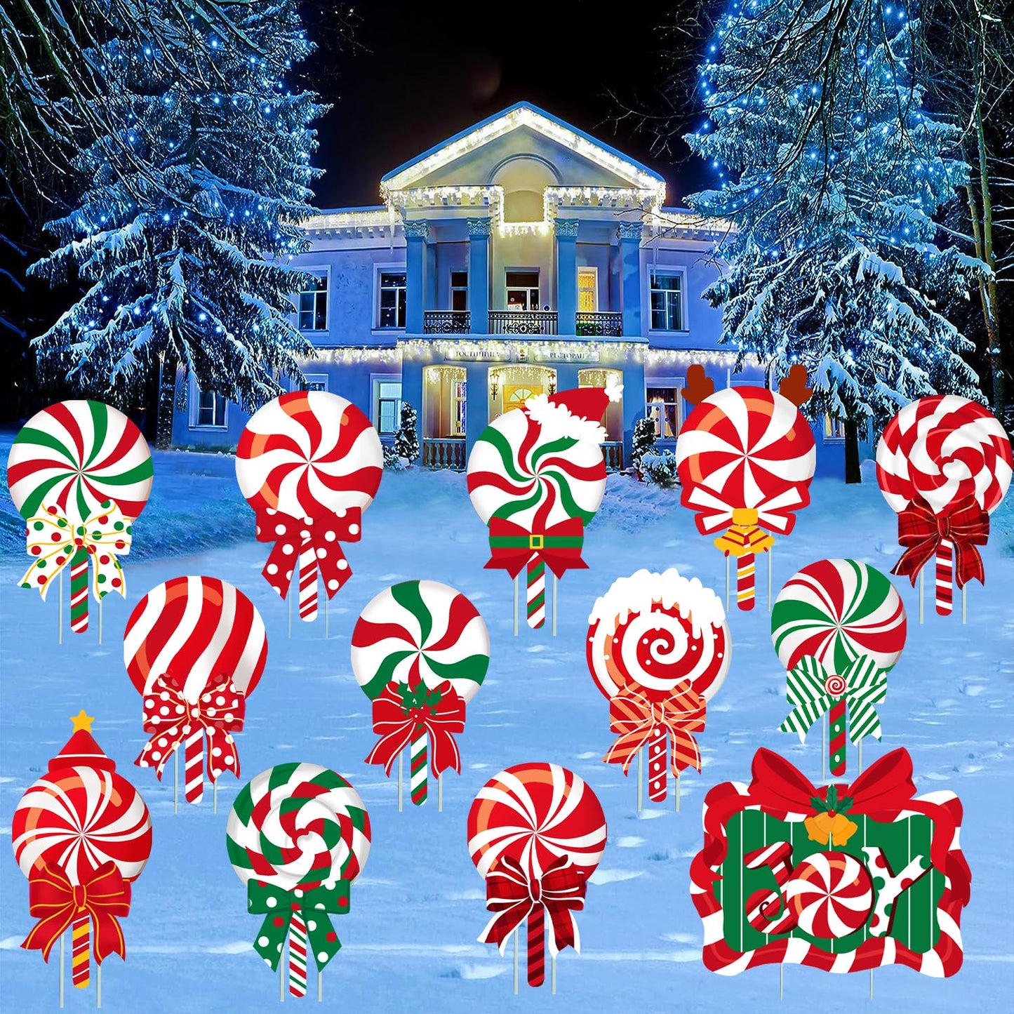 JOICEE Christmas Outdoor Yard Signs Candy Decorations, Peppermint Lollipop Candy Signs with Stakes for Holiday Party Home Lawn Pathway Decorations Supplies