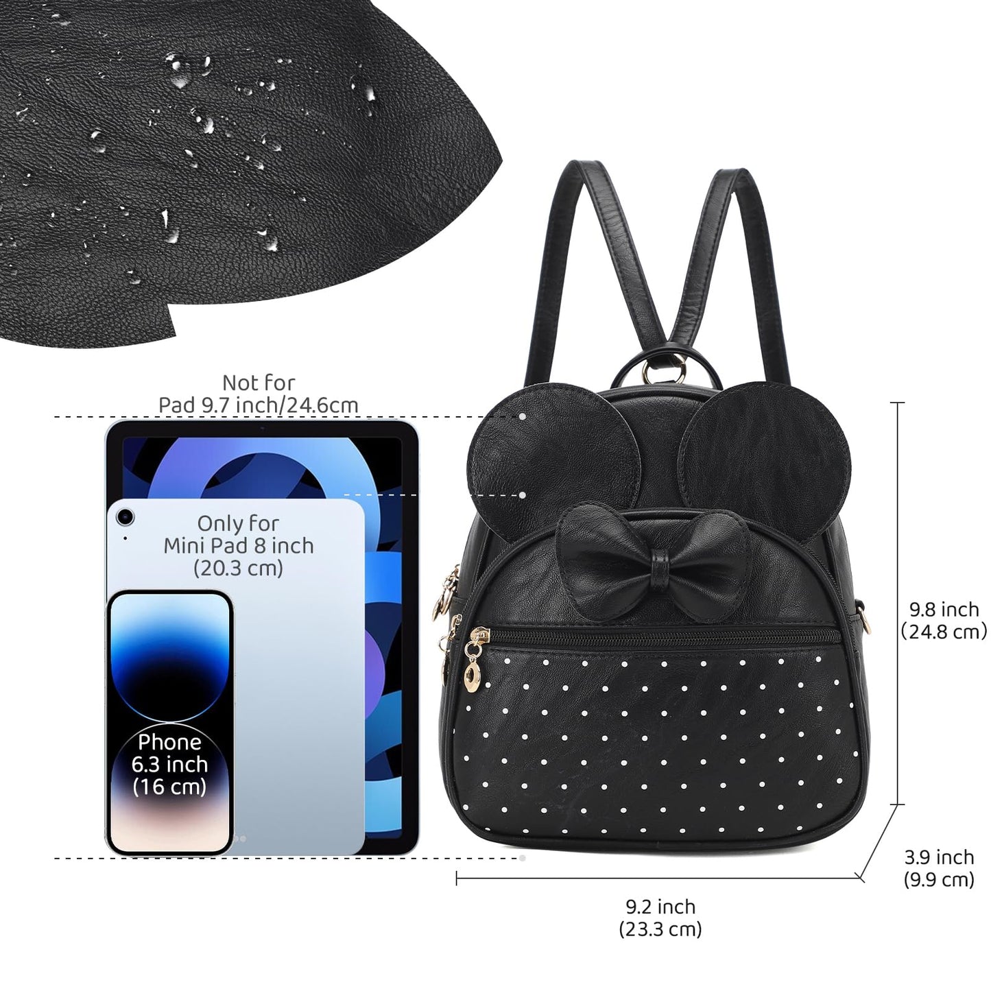 KL928 Girls Mini Backpack Bowknot Polka Dot Cute Daypacks Convertible Shoulder Bag Purse for Women (Black)