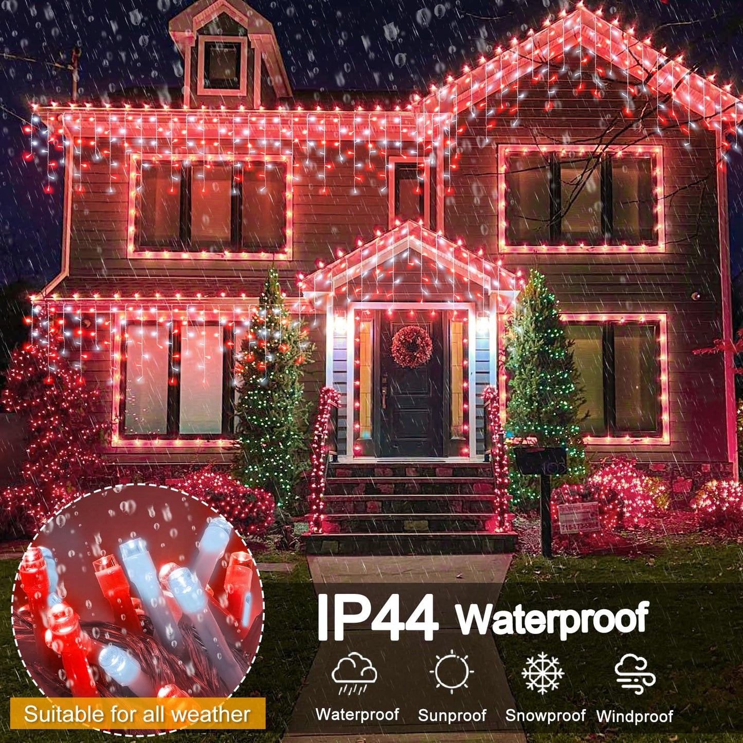 99ft Red and White Christmas Lights, 1216 LED Icicle Lights for Outside, Clear Wire Twinkle Light with 8 Modes Timer Waterproof for House Window Party Tree Holiday Patio Yard Home Decoration