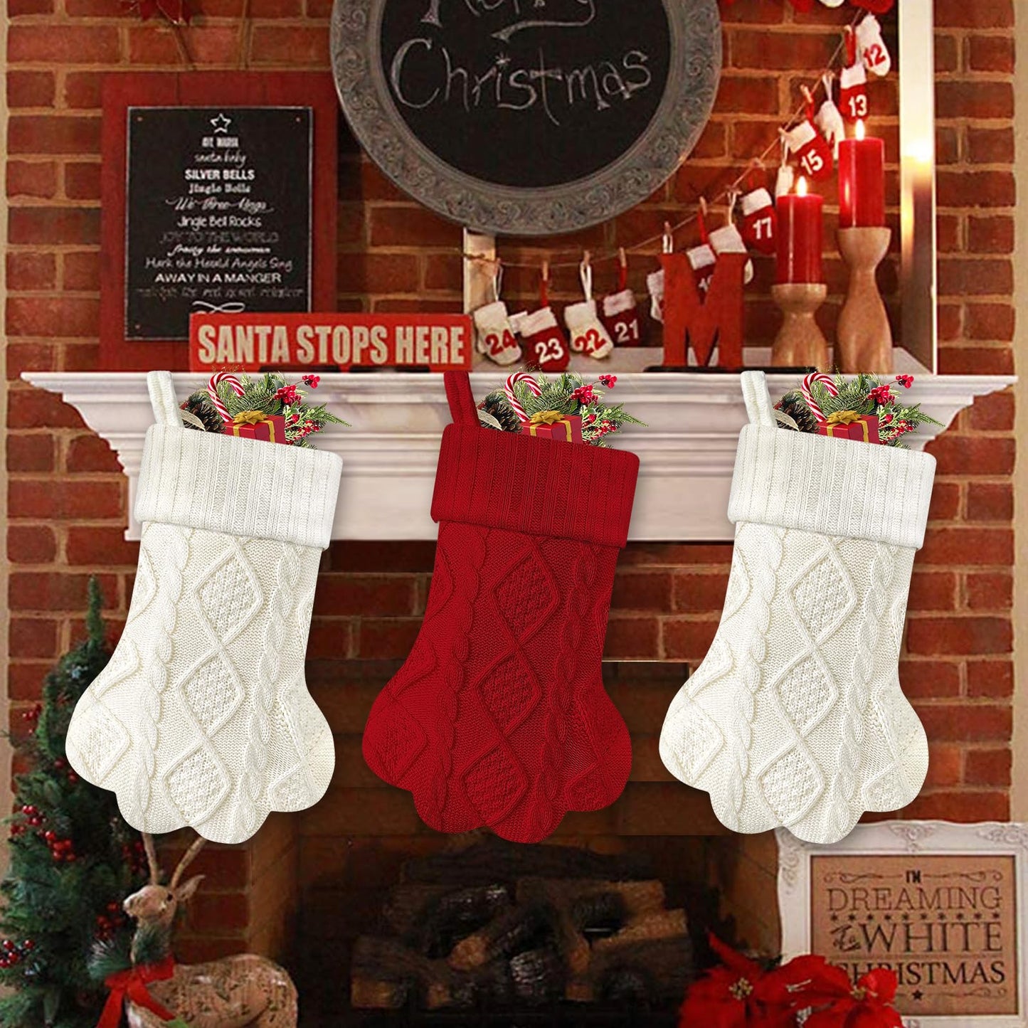 Malier Christmas Stocking for Dogs Cats, Knit White Dog Christmas Stocking, Paw Shape Pet Christmas Stocking Large Cat Stockings Hanging Stocking for Dogs Cats Pets (White)