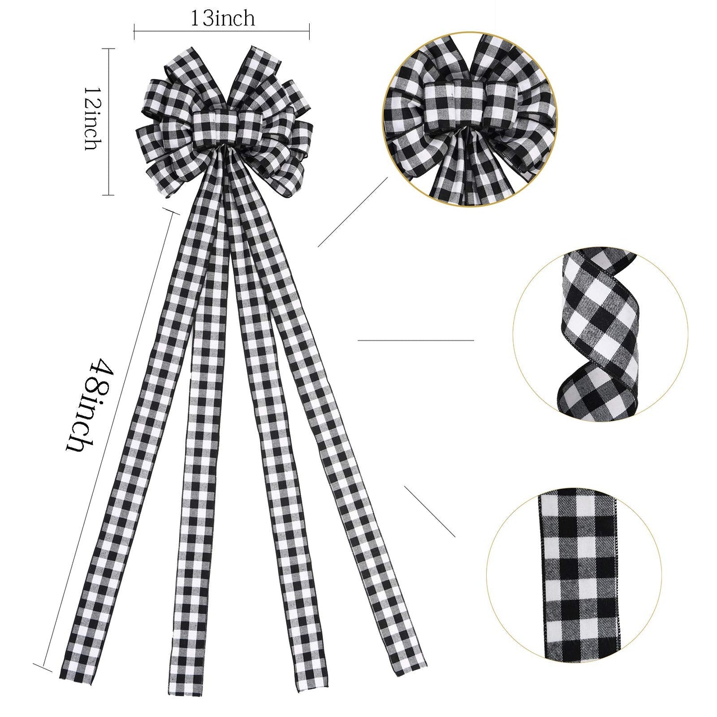 Christmas Checked Tree Topper,48x13 Inches Large Toppers Bow,Black and White Plaid Buffalo Decorative Bows for Christmas Decoration (Black and White Plaid)