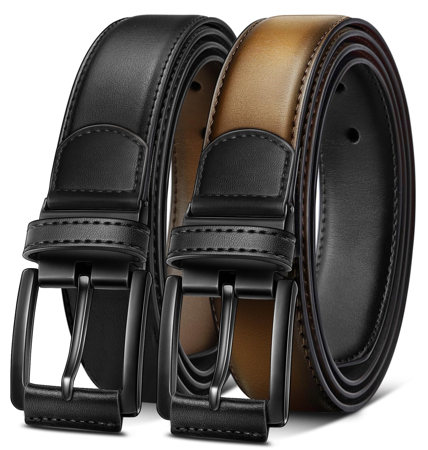 KEMISANT Men Reversible Belt-Leather Belt for Men Dress Casual Jeans 1 3/8",One Reverse For 2 Sides(Black/Tawny,28"-30" Waist Adjustable)
