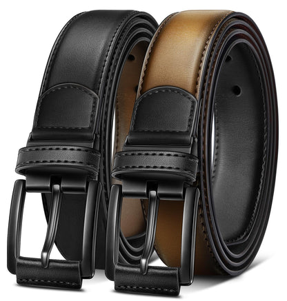 KEMISANT Men Reversible Belt-Leather Belt for Men Dress Casual Jeans 1 3/8",One Reverse For 2 Sides(Black/Tawny,28"-30" Waist Adjustable)