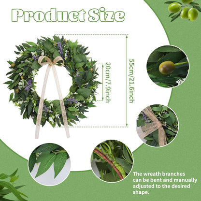 Ovveroche 22Inch Summer Eucalyptus Wreath for Front Door Greenery Wreath Door with Olive Boxwood Leaves Bow for Spring Summer All Season Outdoor Home Decor