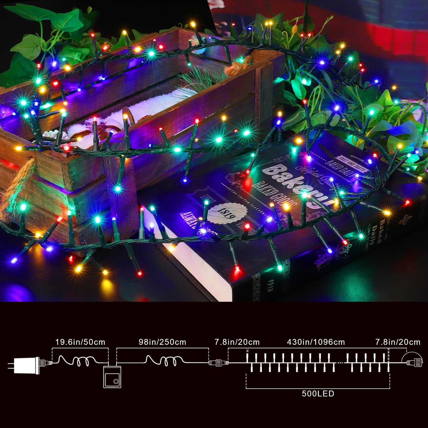 LAMPHOME 500 LED String Lights Outdoor, 16 Modes Plug-in Twinkle Fairy for Bedroom, 46ft 500LED Christmas Cluster Outdoor Waterproof - Multicolor