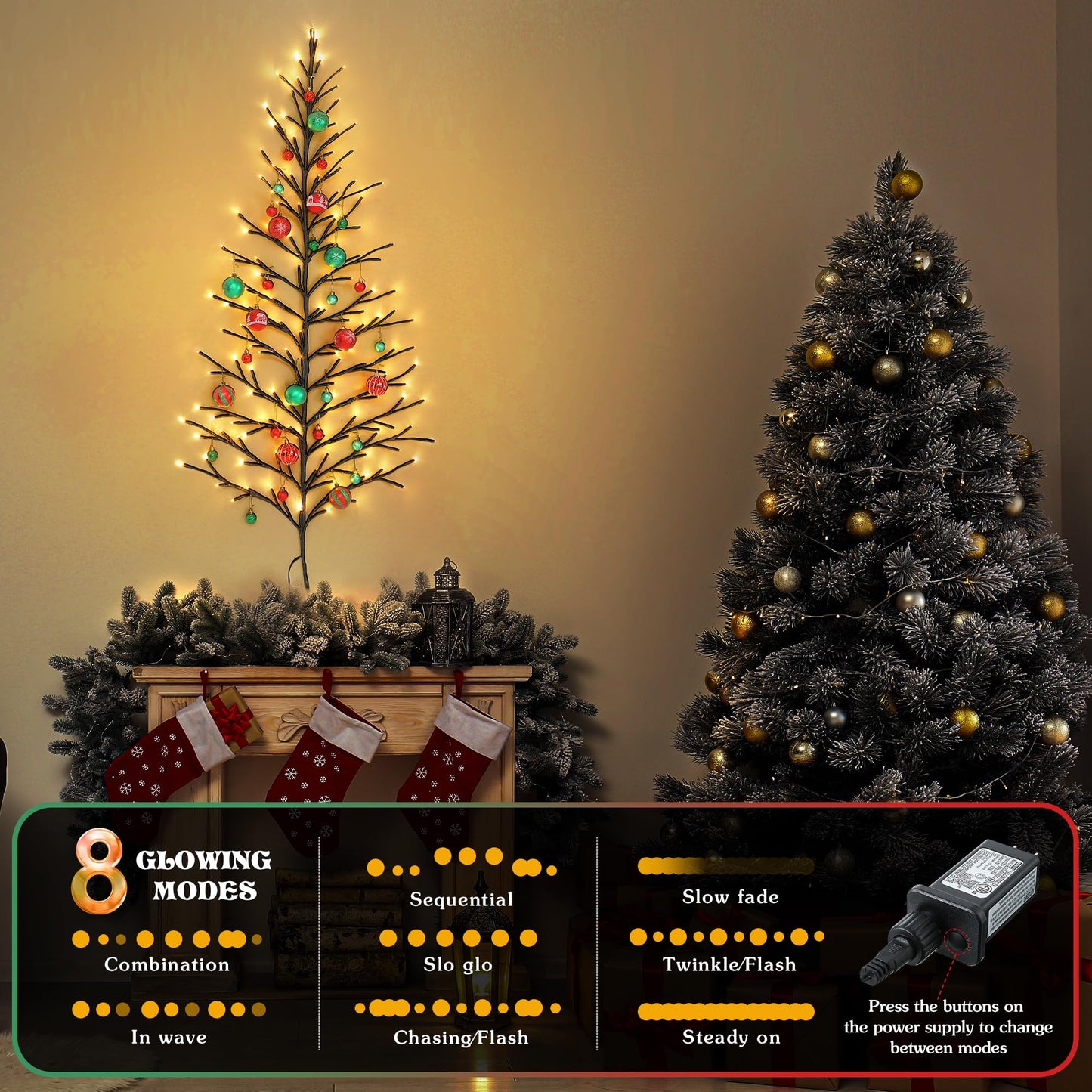 ElectricWise 5 FT 144 LED Lighted Wall Christmas Tree with Decorative Balls, 8 Light Modes Plug in Half Christmas Tree, Hanging Flat Mounted Trees for Holiday Apartment Room(Black, Red and Green)