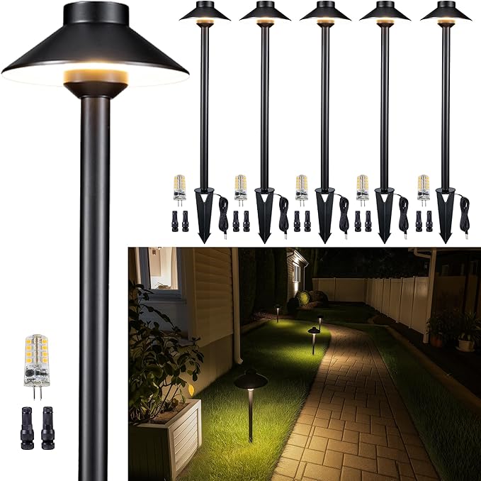Gardenreet Low Voltage Landscape Lighting Brass, 12v Pathway Lights Waterproof, Hard Wired Path Light Outdoor, Mushroom Black for Exterior Patio House with 3W 270LM 3000K Soft White G4 Bulb (6 Pack)