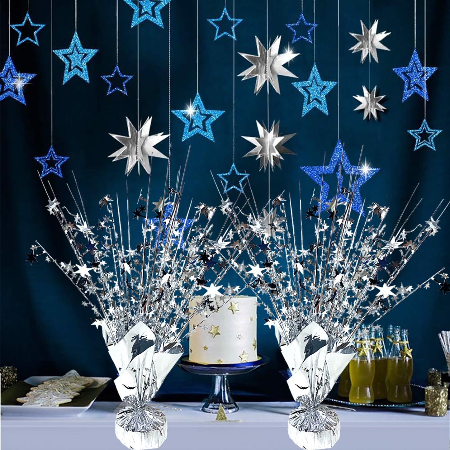 FUBININA 6 Pack Metallic Foil Spray Centerpiece Star Table Decoration Burst Glitter Tabletop Centerpieces for Birthday Christmas New Years Nye Wedding Graduation Holiday Party Supplies Decor, Silver