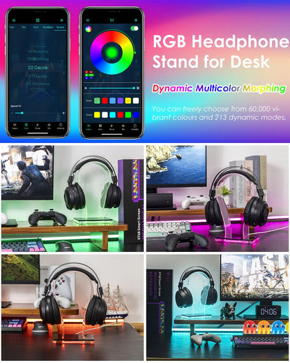OAPRIRE RGB Headphone Stand with 213 Modes 60K Colors, Music Rhythm Sync, Acrylic Headphone Stand for Desk Enhances Gaming Setup Experience, Gaming Headset Holder with APP & Wired Controller