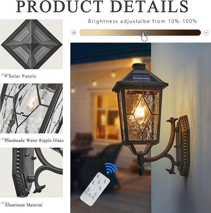 Solar Outdoor Wall Lamp Waterproof Aluminum Outside Solar Wall Lantern with Remote Control Black Outdoor Porch Lights Wall Mount with Water Ripple Handmade Solder Glass LED Bulb Included