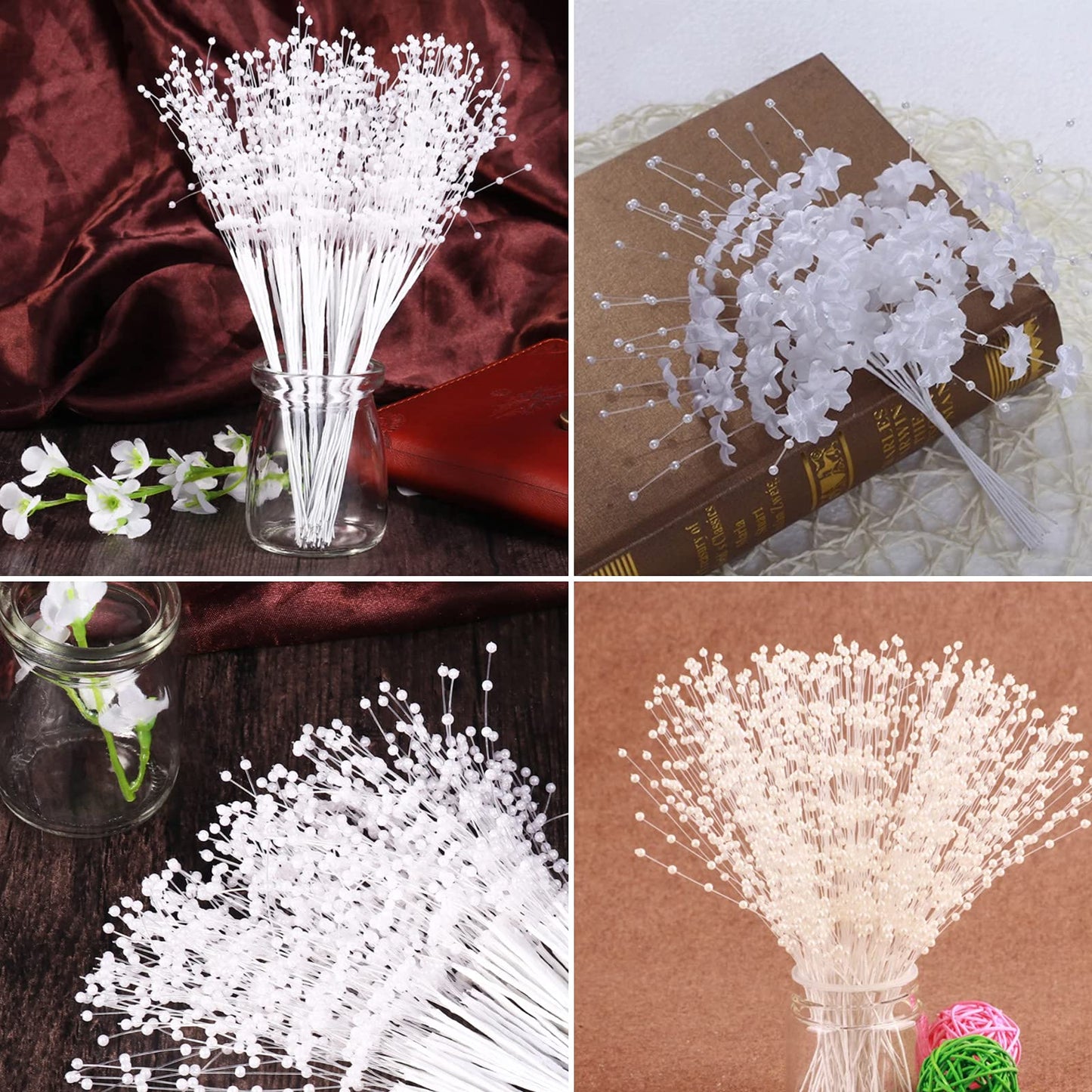 60 Pieces Pearl Stick Stems Bouquets, 4mm Bead String Garland Beaded Spray Filler Floral Arrangements Tree Picks Wedding Party Decoration, Mother's Day Flower Decor, Christmas Tree Picks (White)