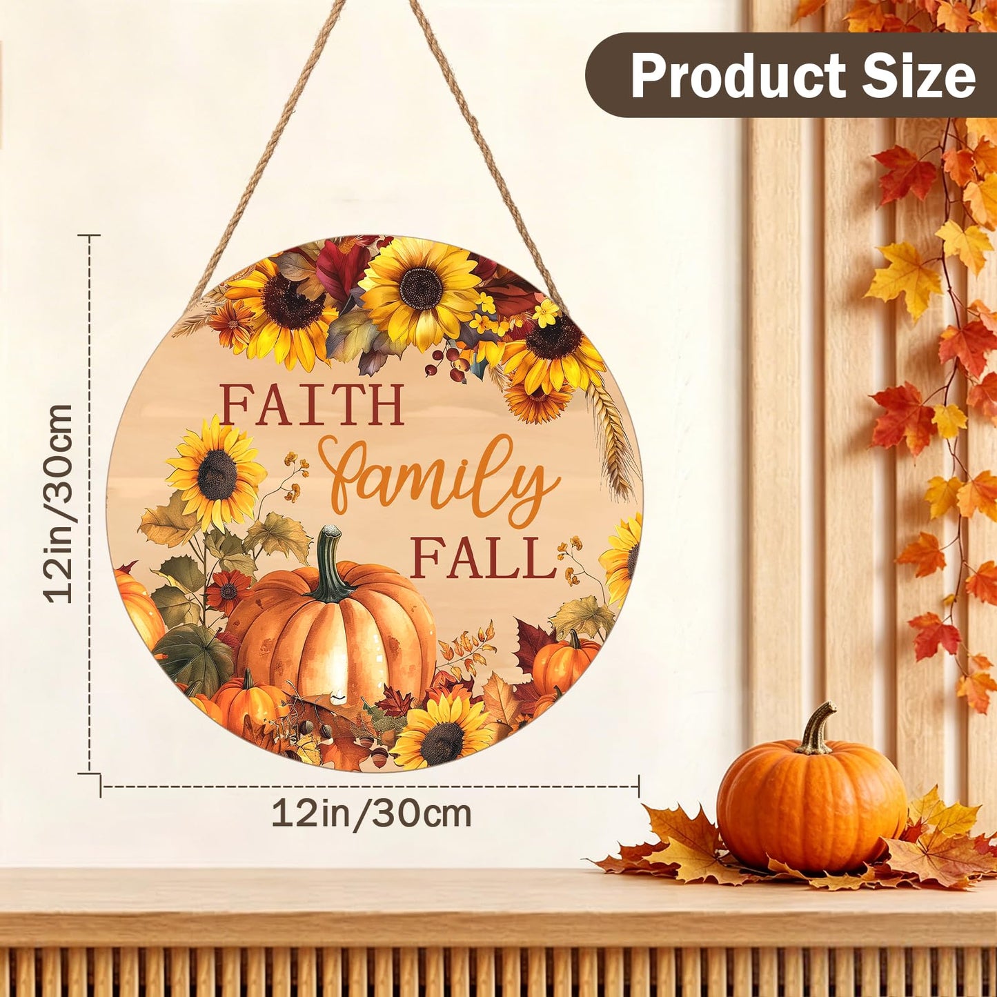 Faith Family Fall Front Door Sign Fall Sunflower Pumpkin Door Decorations Wood Sign Autumn Harvest Wreath Door Hanger Farmhouse Fall Plaques Wall Hanging Decoration for Home Proch Yard 12"x12"