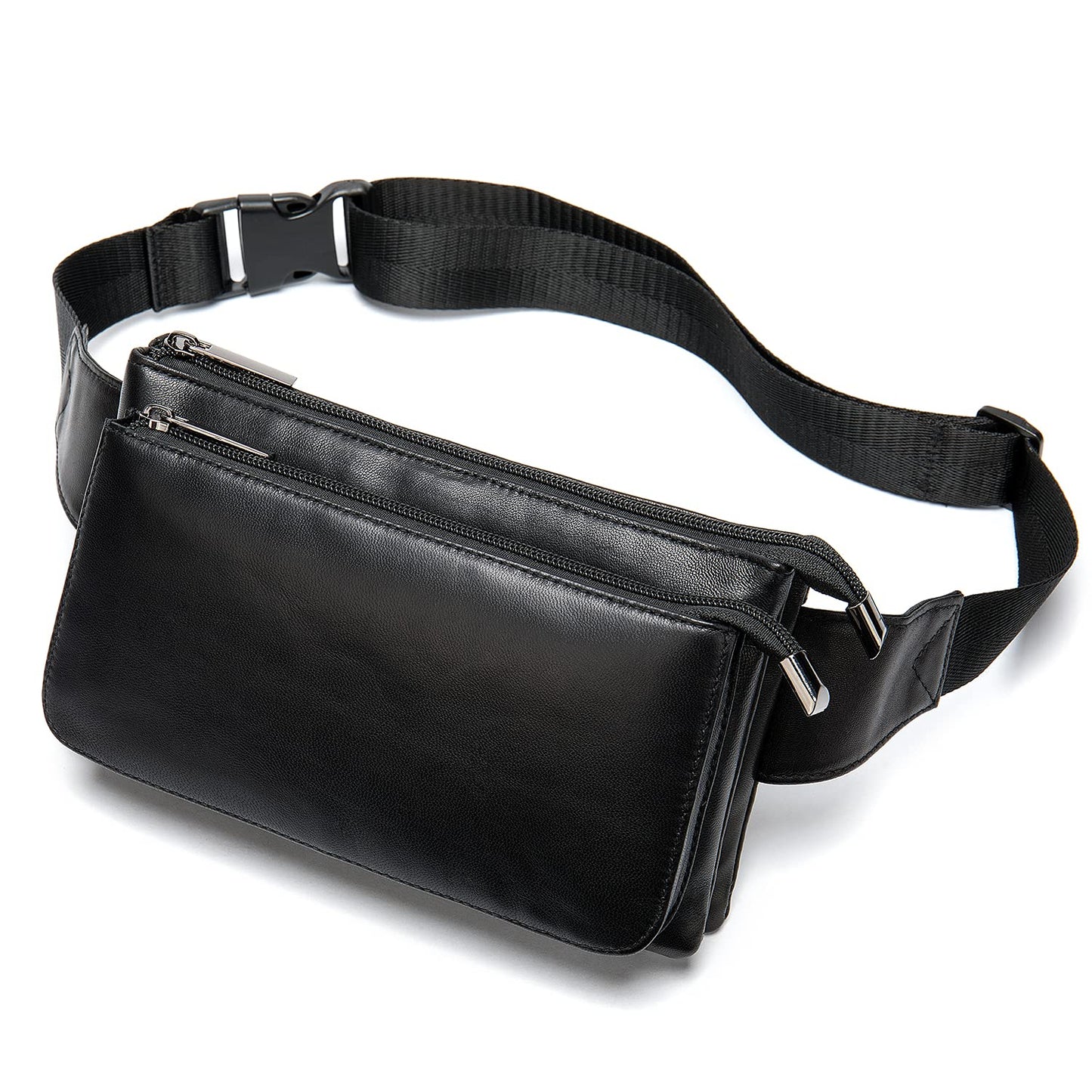 Niucunzh Small Leather Mens Fanny Packs for Women Lightweight Lambskin Leather Waist Bag Sport Men Crossbody Belt Purse Hip bags Hands-Free Bumbag Black