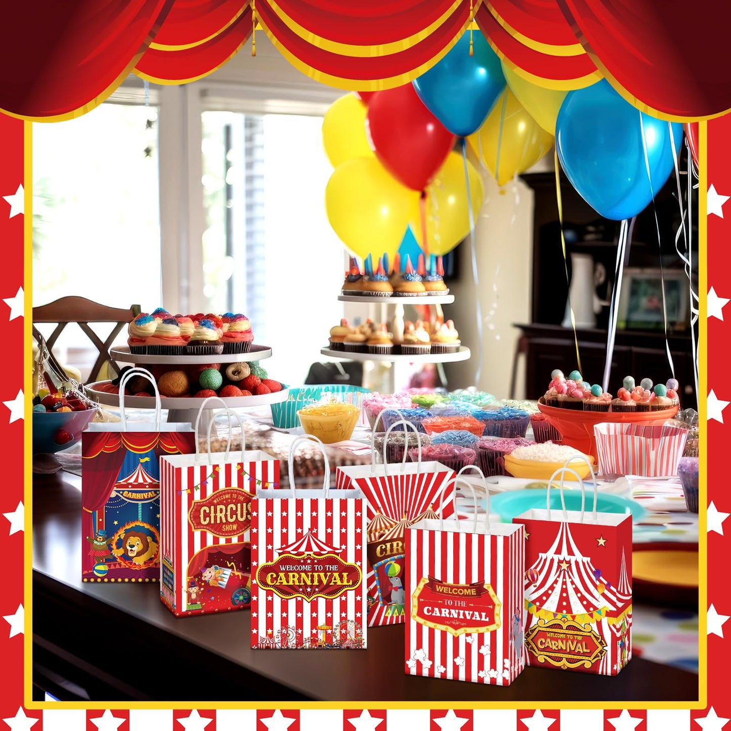 Kolldenn 48 Pcs Carnival Party Favor Bags Circus Gift Goodie Paper Bags with Handles Red White Stripe Circus Treat Candy Pouch for Carnival Party Supplies Birthday Mardi Gras Decorations