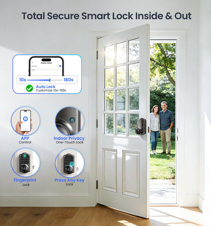 Veise VE018 Smart Knob Handle Lock - Fingerprint, App Control, Keyless Entry for Front Door and Bedroom, Electronic Digital Keypad, Auto Lock, Remote Access Sharing, Easy Installation, Matte Black