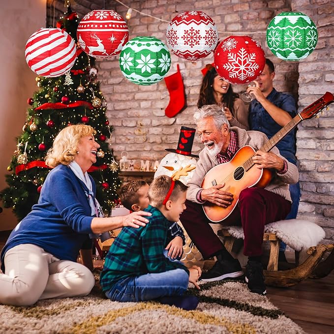 Bencailor 12 Pcs Christmas Hanging Paper Lanterns Set Decorative Christmas Party Lanterns Round Hanging Lamps for Xmas Home Decoration Supplies Props Graduation Holiday Decor(Noble, 12 Inch)