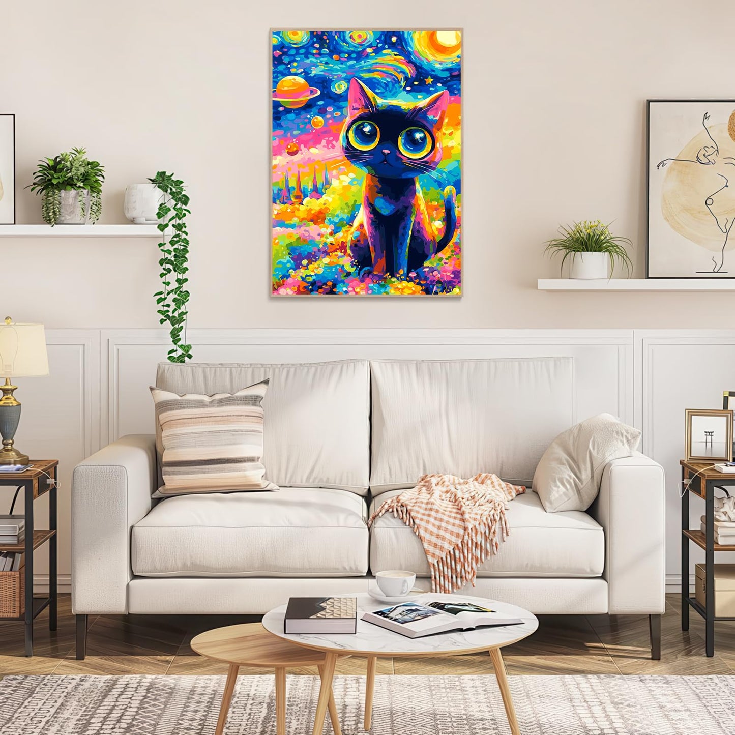 1000 Piece Jigsaw Puzzle for Adults, Vibrant Van Gogh-Inspired Starry Night Black Cat, Colorful Cosmic Space Art Puzzle with Planets & Stars, Stress Relief Puzzle for Cat Lovers