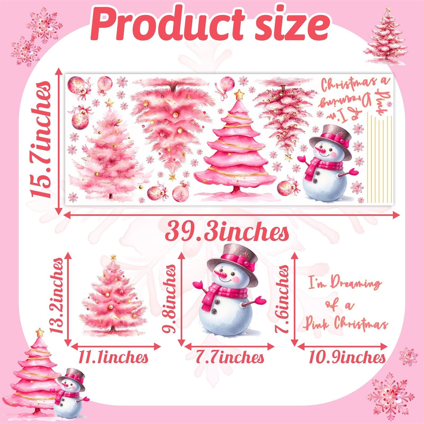 Pink Christmas Window Clings Double-Sided Christmas Tree Windows Decoration Stickers Indoor Xmas Pine Tree Window Decals for Glass Snowman Snowflakes Decals for Winter Holiday Party Supply