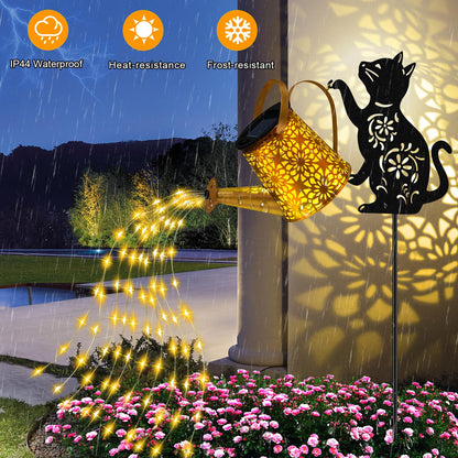 ostritec Solar Lights Outdoor Decorative, Watering Can with Cascading Lights, with Cat Silhouette Garden Stakes, Waterproof Metal Garden Decor for Yard Art, Outside, Patio, Lawn Ornaments