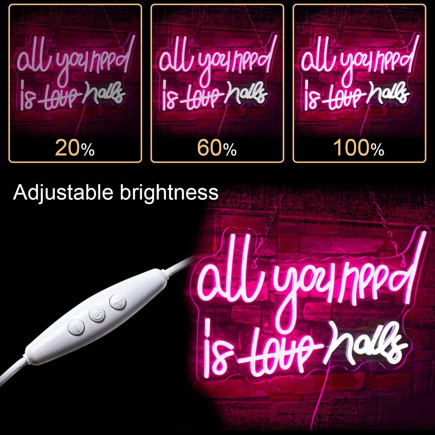 WLHOPE All You Need is Nails Neon Sign - Pink LED Signs with USB Connectivity for Bedroom, Home Bar, Girls Room, Beauty Shop, Nails Room - Gift for Girls