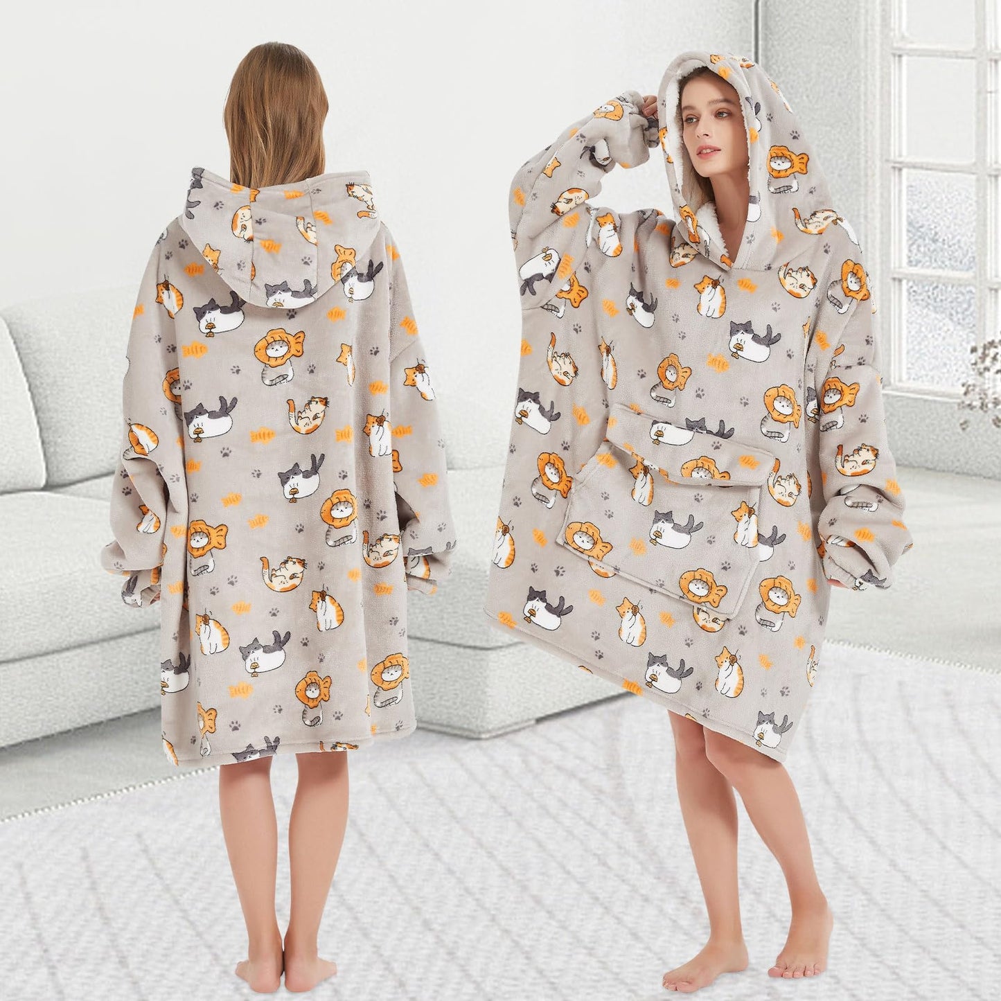 Mewkou Wearable Blanket Hoodie for Adult,Oversized Sherpa Fleece Blanket Hoodie for Women Men,Cat