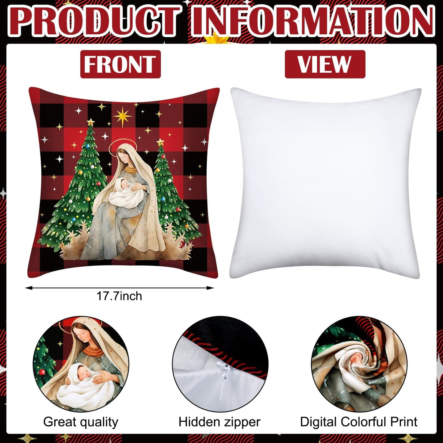 FuWeave 6 Pcs Christmas Pillow Covers 18 x 18 Inch Decorative Lime Green Red Xmas Pillow Cushion Case Pillowcase Square Christmas Pillow Covers for Home Sofa Couch Decorations (Nativity Scene)