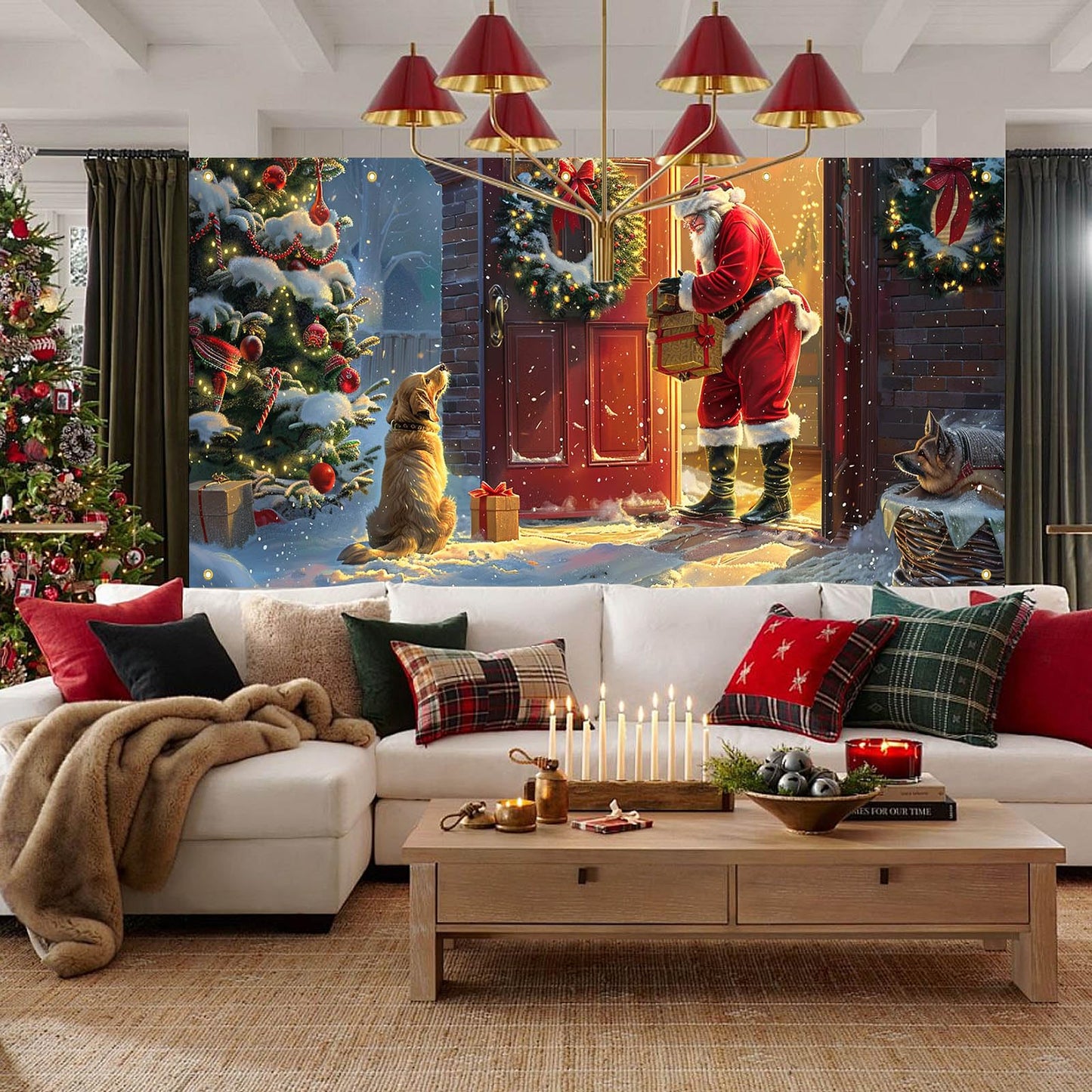 HOMETITUTE Christmas Garage Door Banner 13x6ft Santa with Dogs Gift Scene Holiday Porch Backdrop Red Green Warm Glow Winter Snow Party Decoration Indoor Outdoor Seasonal TreeWall