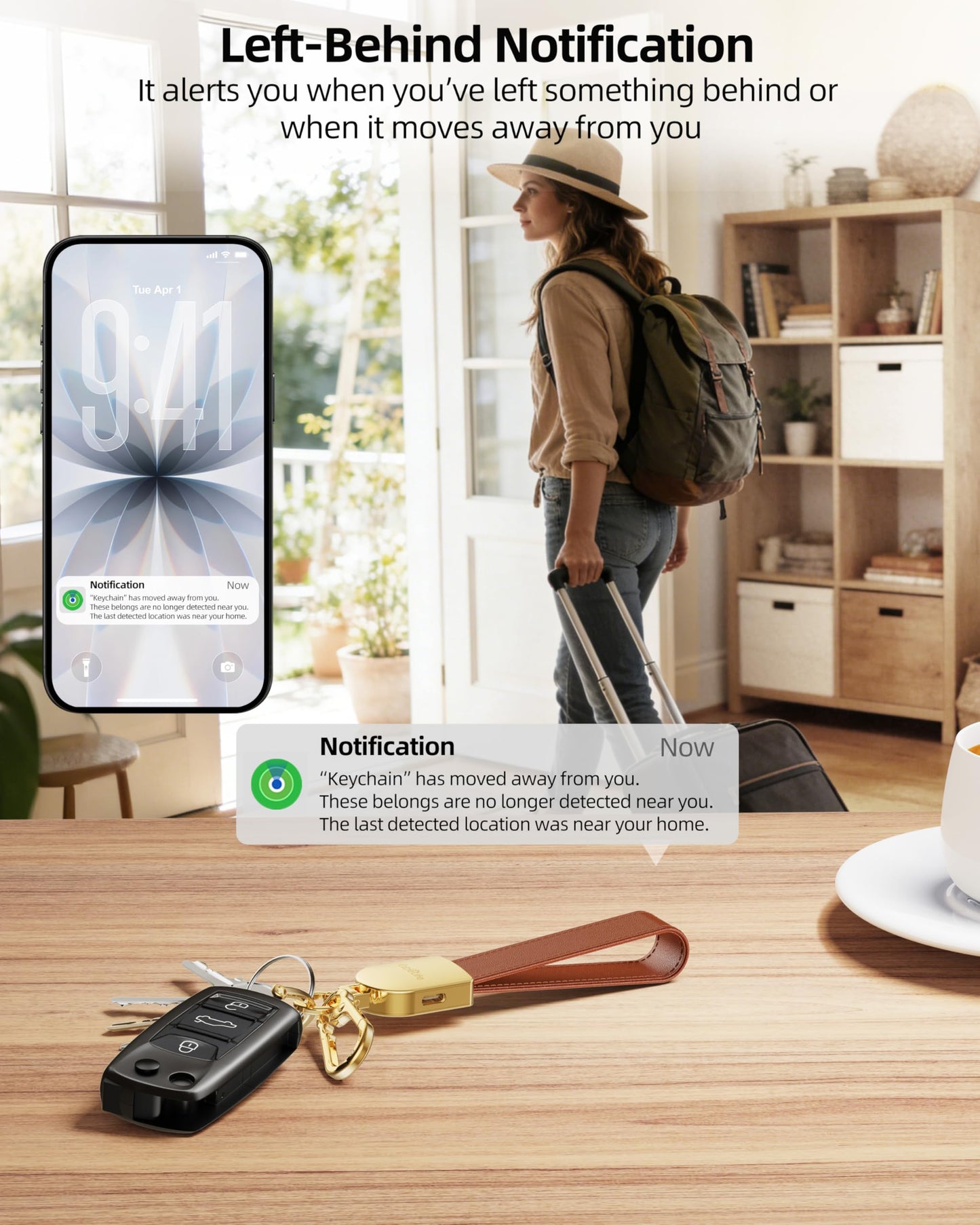 Keychain, Works with Apple Find My, Leather Car Keychain for Women and Men, Car Key Fob Holder, Key Chain with GPS Tracker, Anti-Lost Smart Keys Finder, Rechargeable, Brown