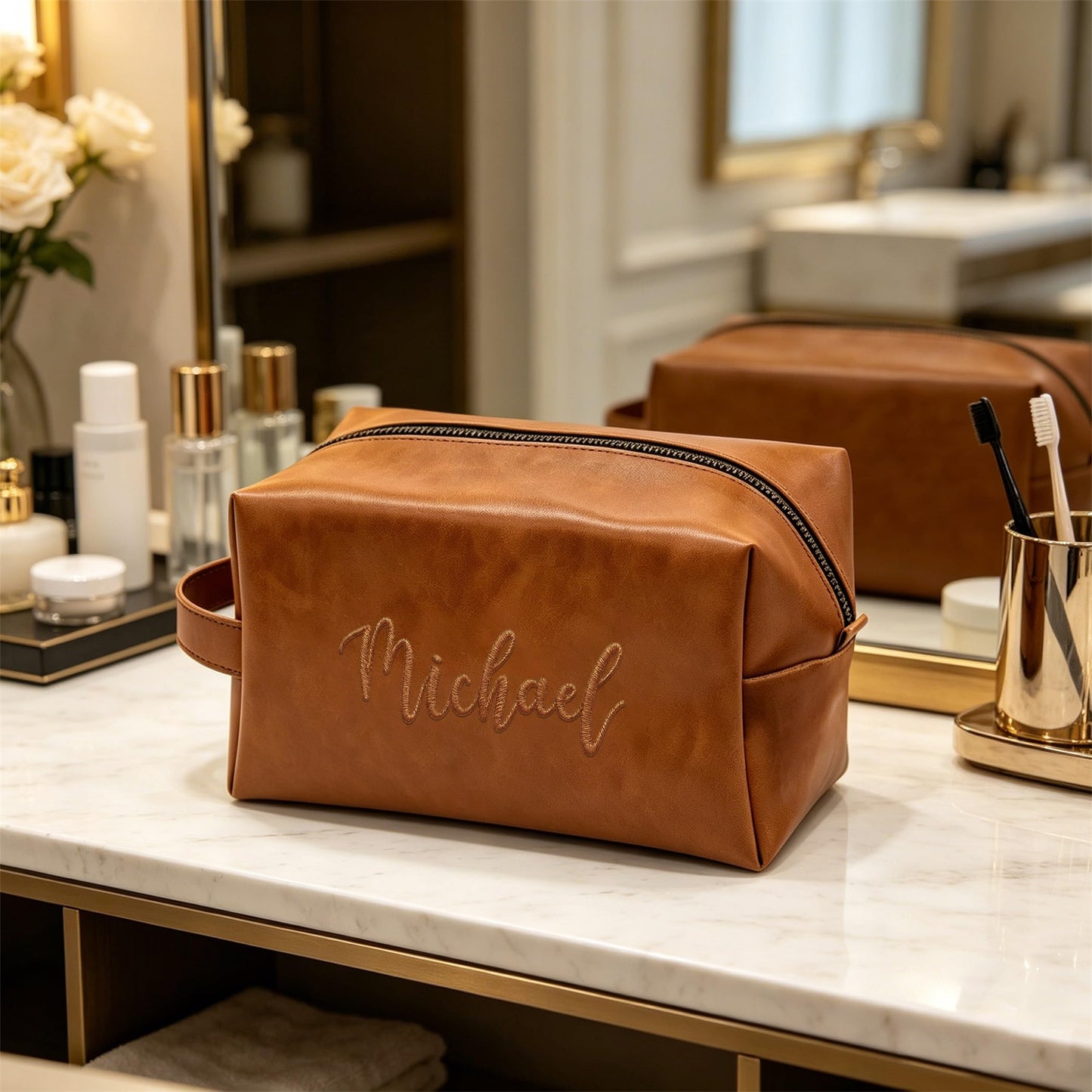 Custom Embroidered Toiletry Bag for Men, Customized Birthday Fathers Day Groomsmen Gift for Dad, Personalized Mens PU Leather Travel Cosmetic Bag with Name for Husband, Shaving Dopp Kit Organizer Bag