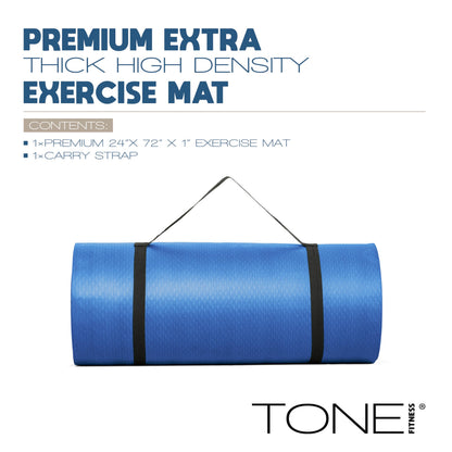 Tone Fitness Premium Extra Thick 1-Inch High Density Exercise Mat with Carry Strap – Non-Slip Workout, Pilates, and Yoga Mat for Home Gym - Color Blue - Diamond Pattern