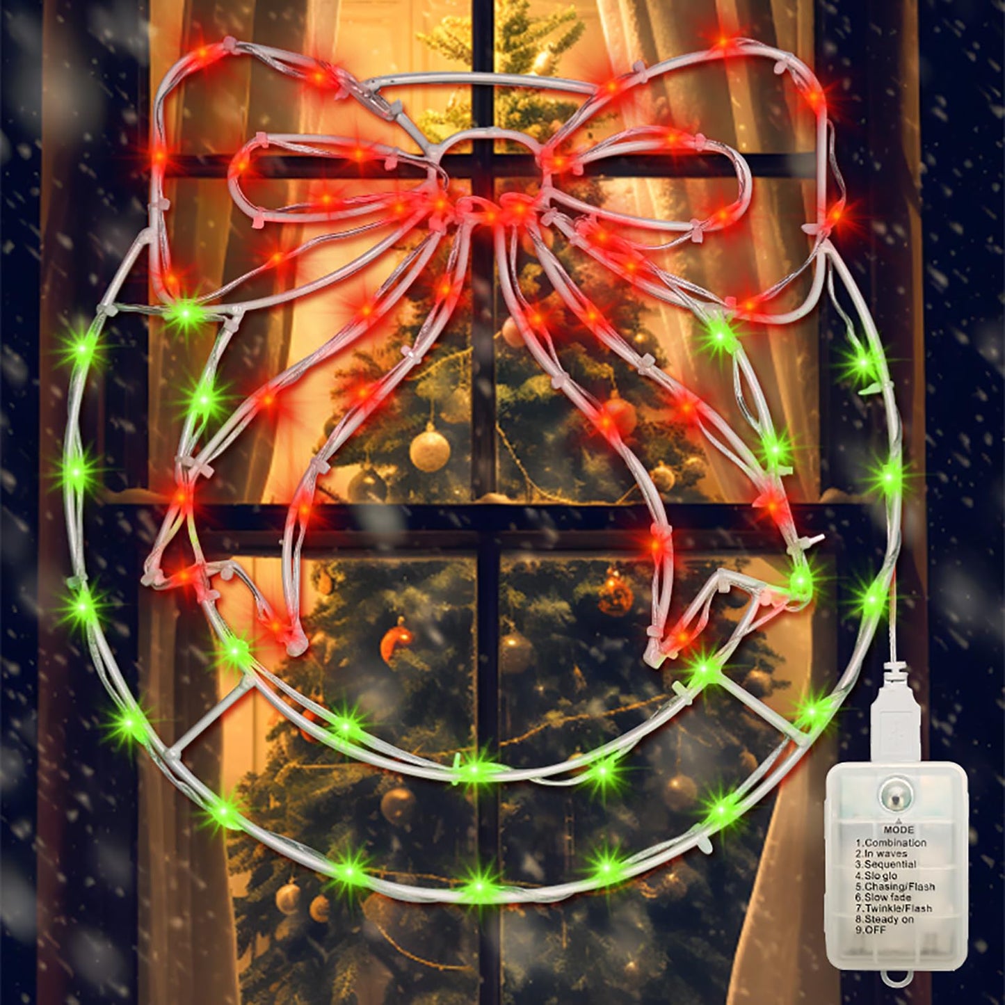 Christmas Wreath Window Silhouette Lights - 12.5" x 13.5" Bright LED Christmas Wreath with Bow, 8 Modes USB Powered / Battery Operated Window Lights for Wall Door Home Party Decor, Red and Green