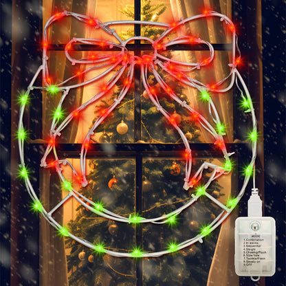 Christmas Wreath Window Silhouette Lights - 12.5" x 13.5" Bright LED Christmas Wreath with Bow, 8 Modes USB Powered / Battery Operated Window Lights for Wall Door Home Party Decor, Red and Green