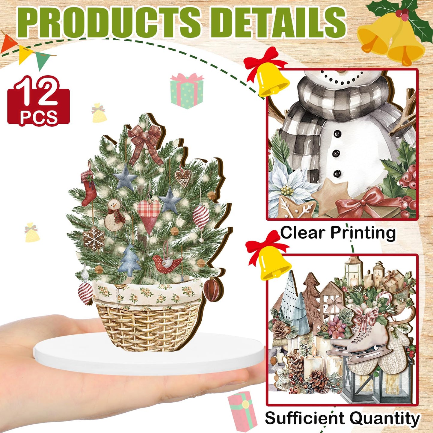 Yousoontic 12Pcs Christmas Rustic Wooden Centerpieces Decorations Winter Santa Snowman Elk Gnome Snowflake Xmas Tree Wooden Signs Farmhouse Tabletop Centerpieces Home Decor for Winter Holiday Dinner