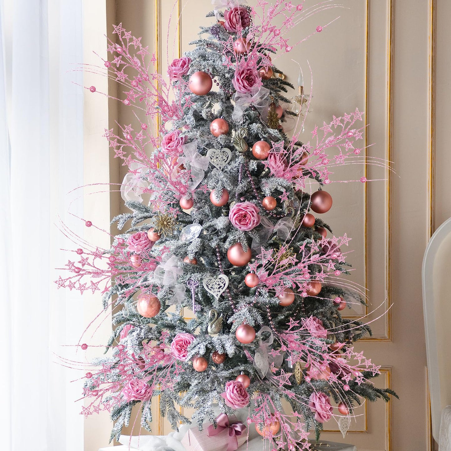 Simgoing 24 Pcs Artificial Christmas Berry Stem Picks Star Picks Faux Floral Berry Spray Branches Christmas Table Centerpiece Home Office Vase Filler Decoration (Pink)