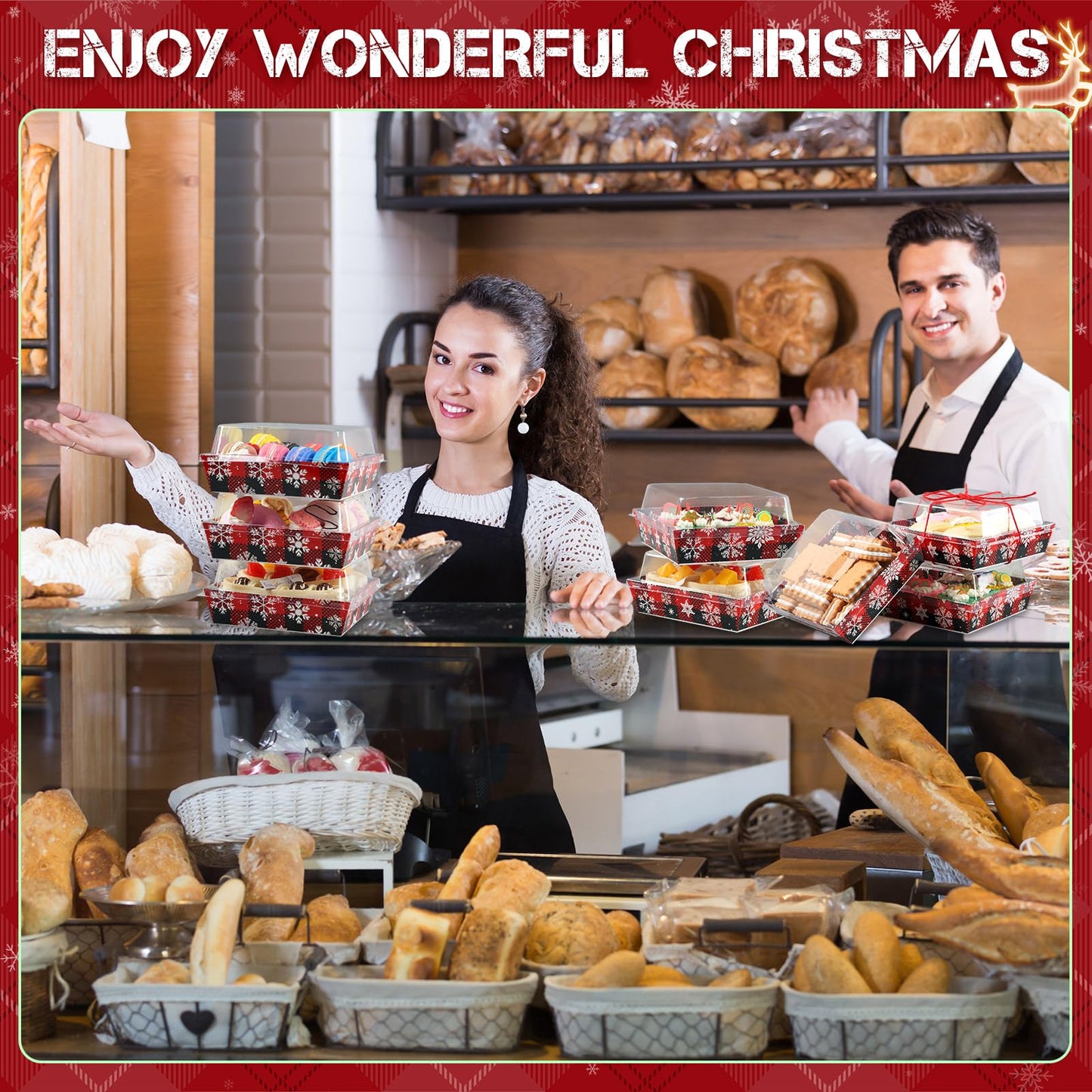 Potchen 100 Pack Christmas Charcuterie Boxes with Clear Lids – Red & Black Plaid Snowflake Design Boxes with Window for Cookies, Candy, and Mini Cakes – Ideal for Gift Giving & Bakery Packaging