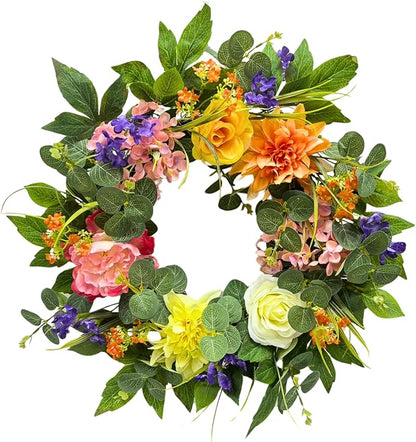22 Inch Lighted Spring Summer Wreath for Front Door,Dahlia Pinnata, Roses, Eucalyptus Leaves, Peony, Mixed Flowers,Artificial Wreath for Front Door Spring Outdoor Home Decor Easter Decor