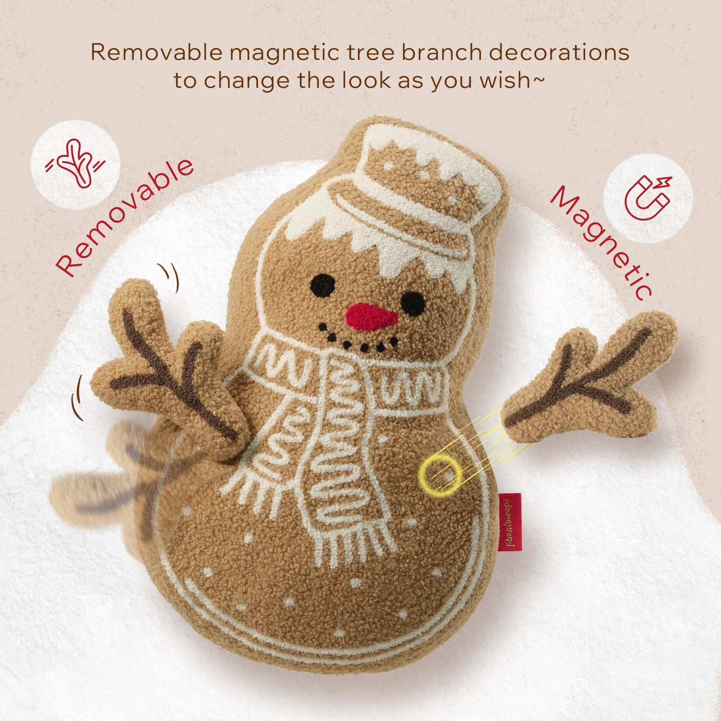 Phantoscope Gingerbread Merry Christmas Throw Pillow, Plush Teddy Xmas Gingerbread Snowman Shaped Pillows with DIY Branch Arms, Christmas Decorative Pillow for Couch, Beige, 19x11.5 inches