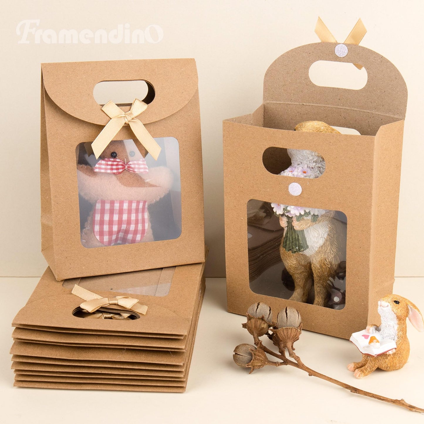 Framendino, 24 Pack Kraft Paper Bags with Clear Window and Handle Stand Up Bag for Candy Cookies Packaging Wedding Christmas Party Store Retail