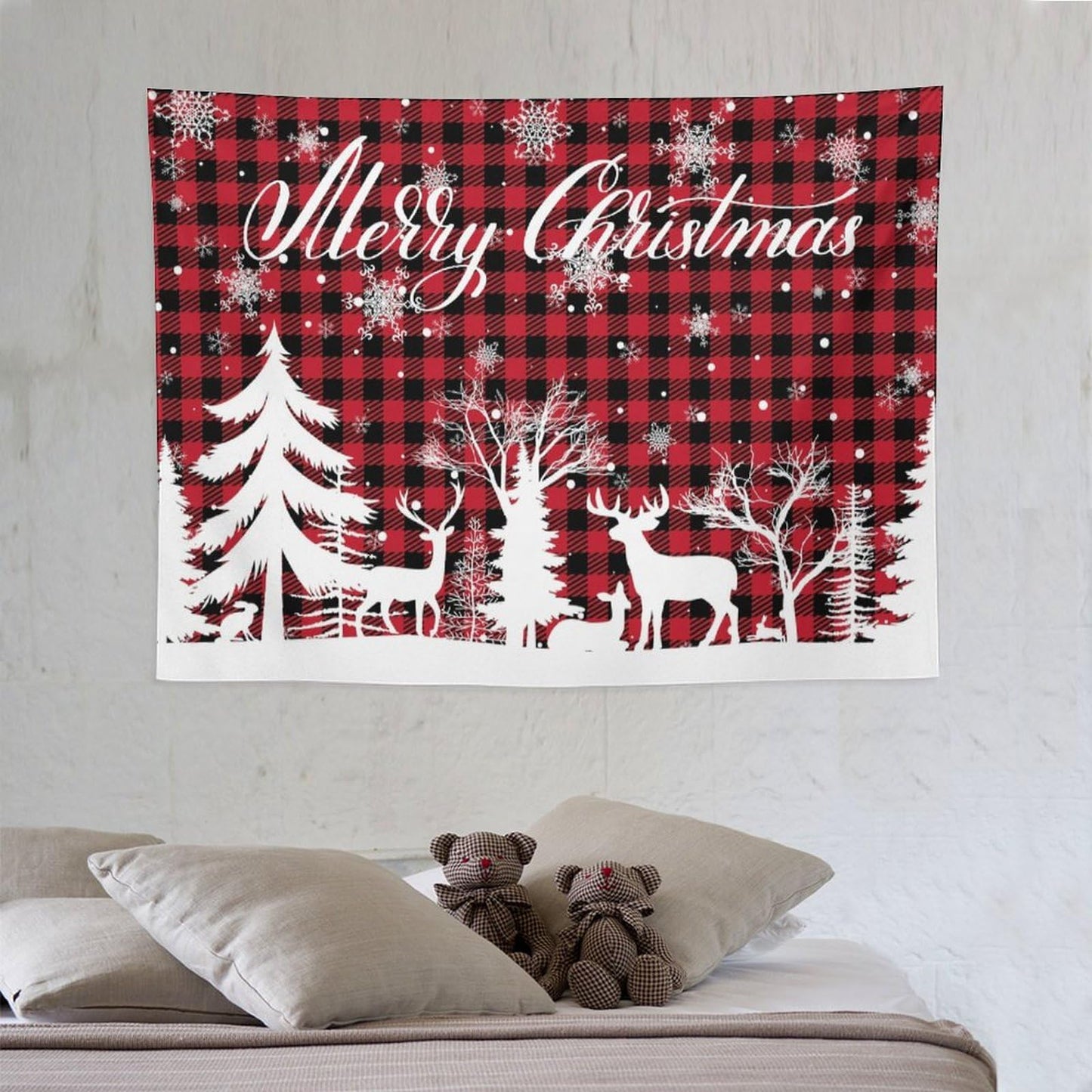 DDCBNS Christmas Reindeer Buffalo Plaid Hanging, Soft Xmas Tree Wall Art Home Decor for Bedroom, Living Room or Dorm 40" x 30"