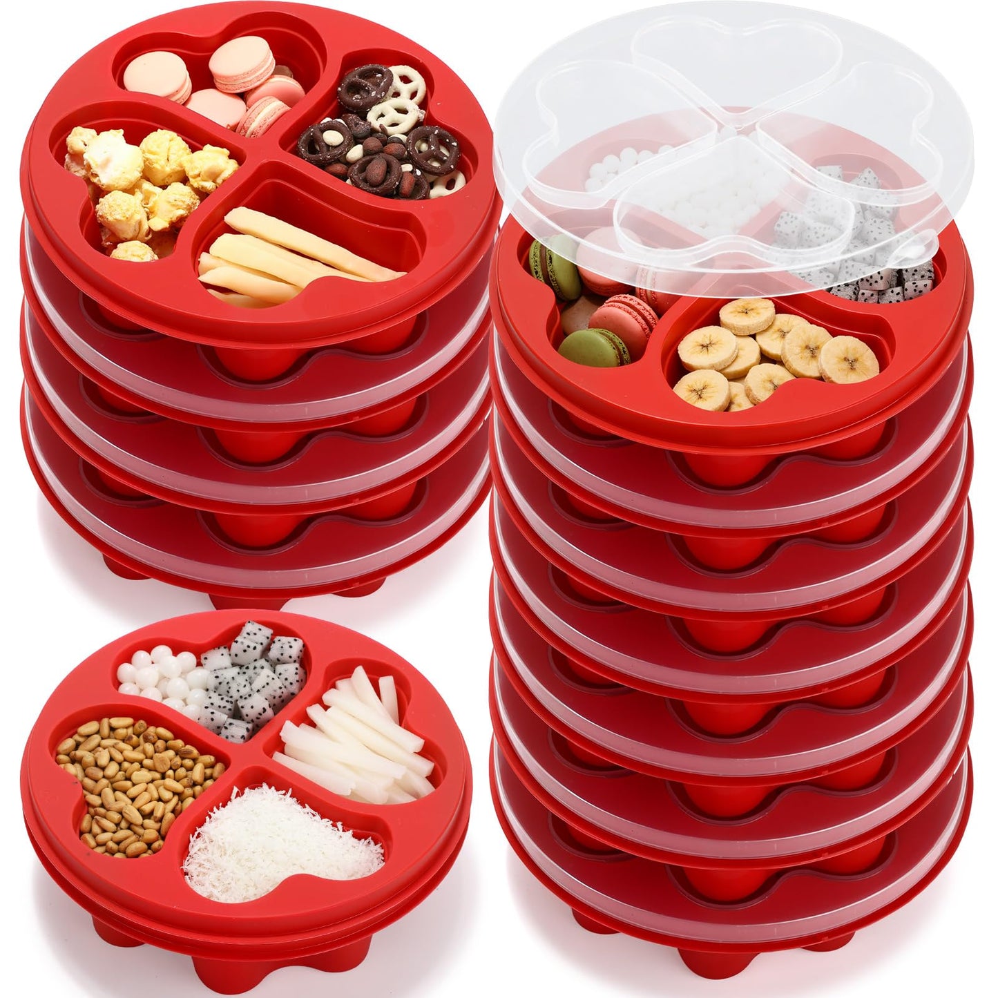 FoldTier 6 Pcs 6.8 Inch Valentine's Day Mini Snack Box Divided Dessert Serving Tray Heart Red 4-compartment Snack Container Box with Lids for Christmas Mother's Day Lunch Meal