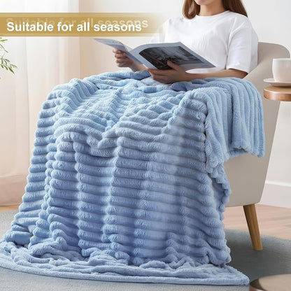decorUhome Soft Fleece Blue Grey Twin Blanket for Bed, Cozy Fluffy Plush Flannel Striped Throws for Couch Sofa, Lightweight Decorative Ribbed Fuzzy Blanket for Woman, 60x80 Inches